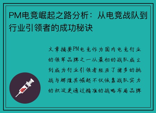 PM电竞崛起之路分析:从电竞战队到行业引领者的成功秘诀 PM电竞崛起之路分析:从电竞战队到行业引领者的成功秘诀